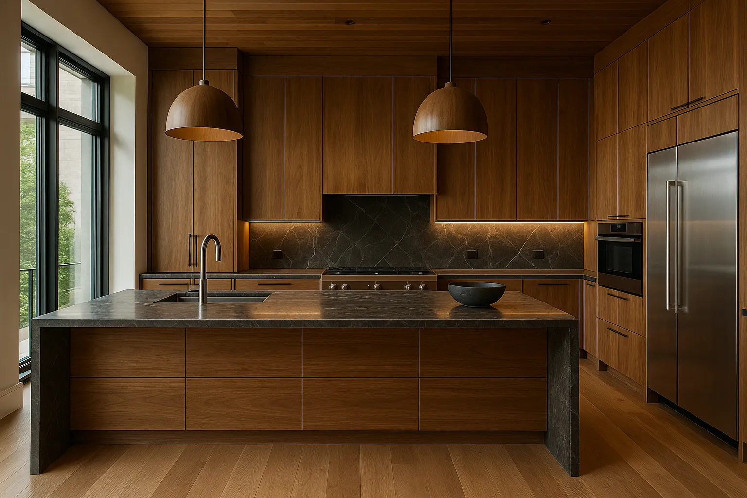 Cocina en madera y marmol negro con detalles metálicops y luces integradas