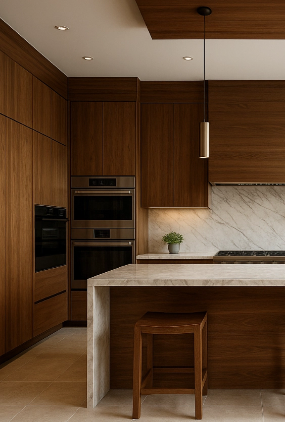 Cocina elegante de madera y detalles en marmol blanco