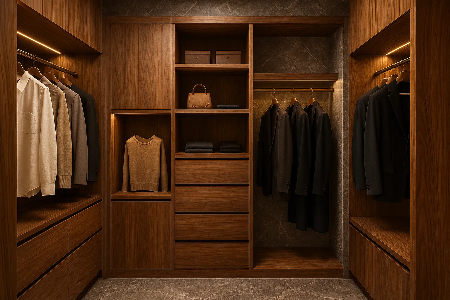 Closet hecho a la medida en adera y detalles en marmol negro
