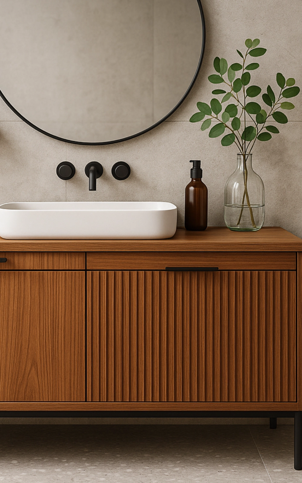 Mueble para baño en madera estilo contemporáneo con detalles de metal