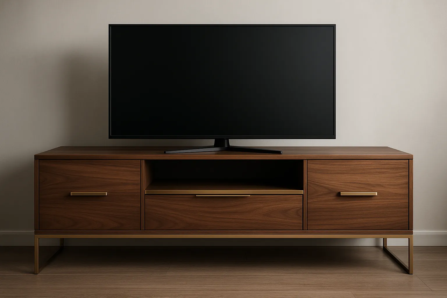 Mueble para Tv en diseño contemporáneo de madera y detalles en metal