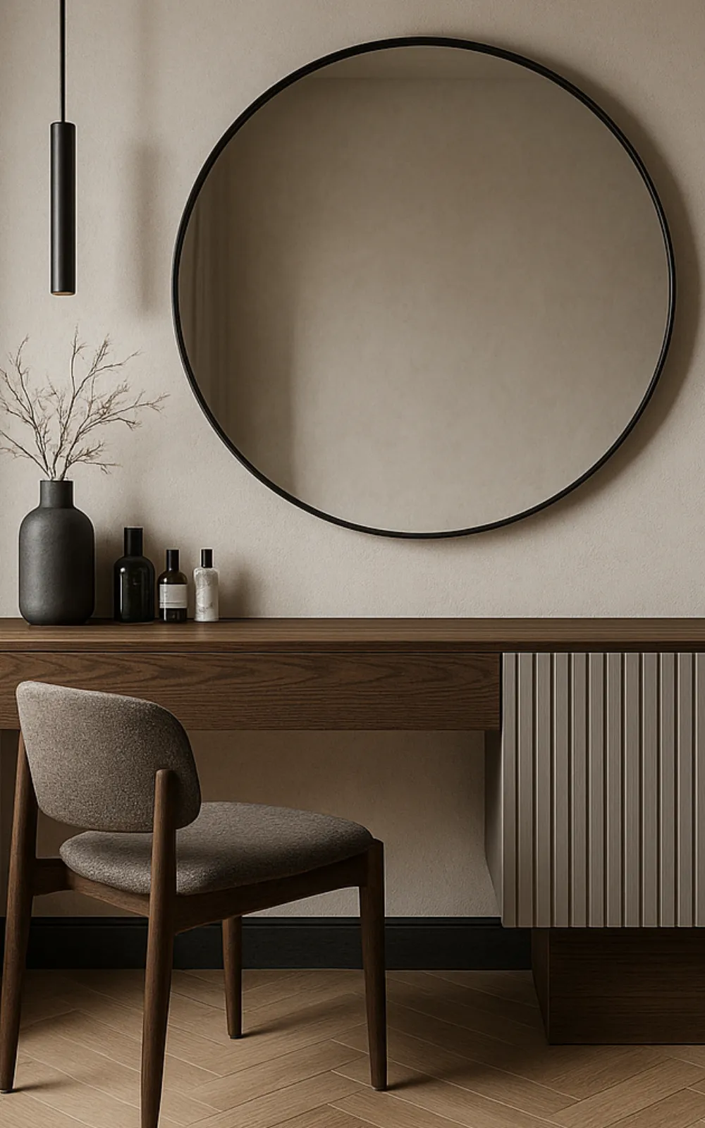 Vanity con diseño contemporñaneo sobrio, hecho en madera y espejo separado