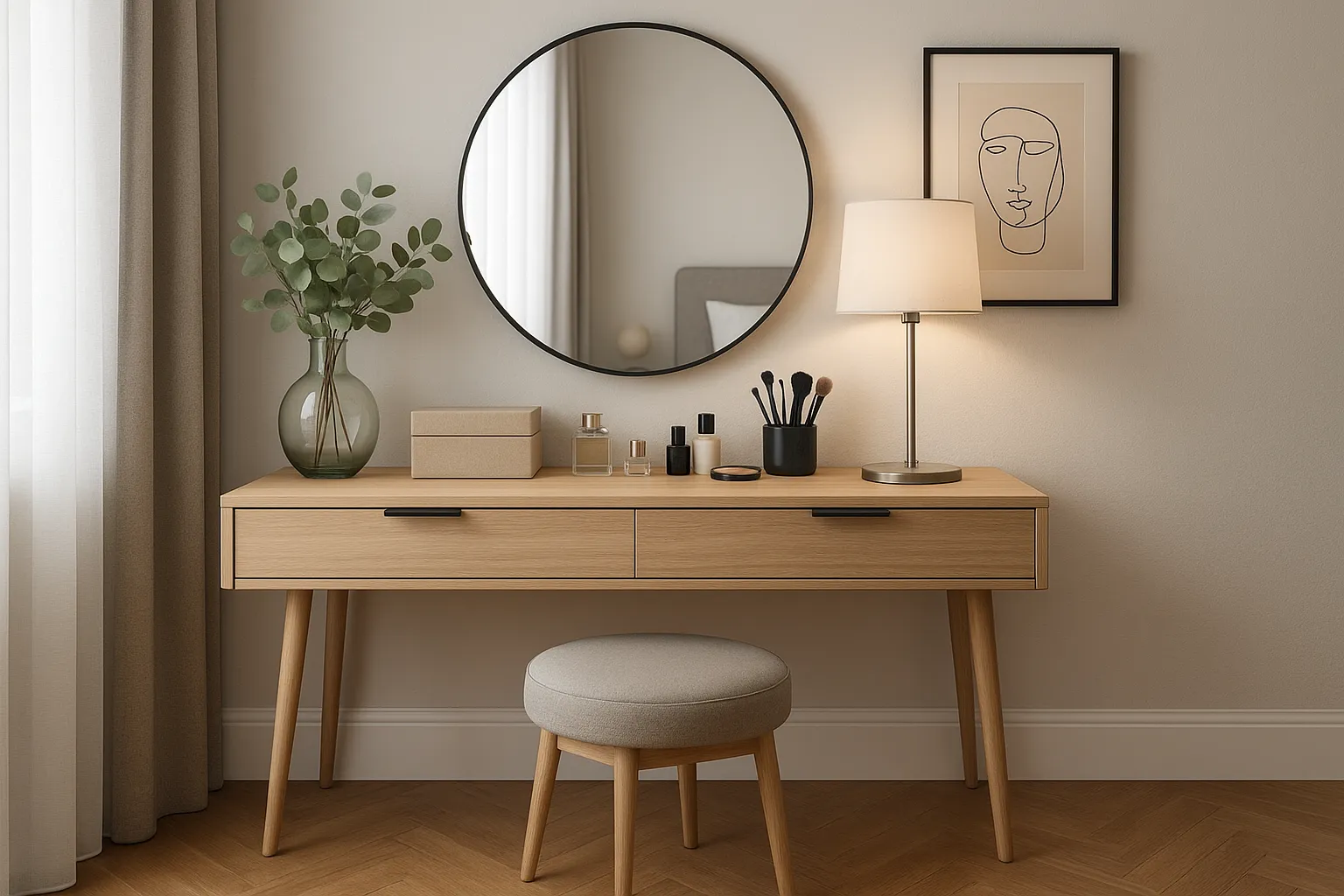 Vanity en madera de tono claro con espejo separado